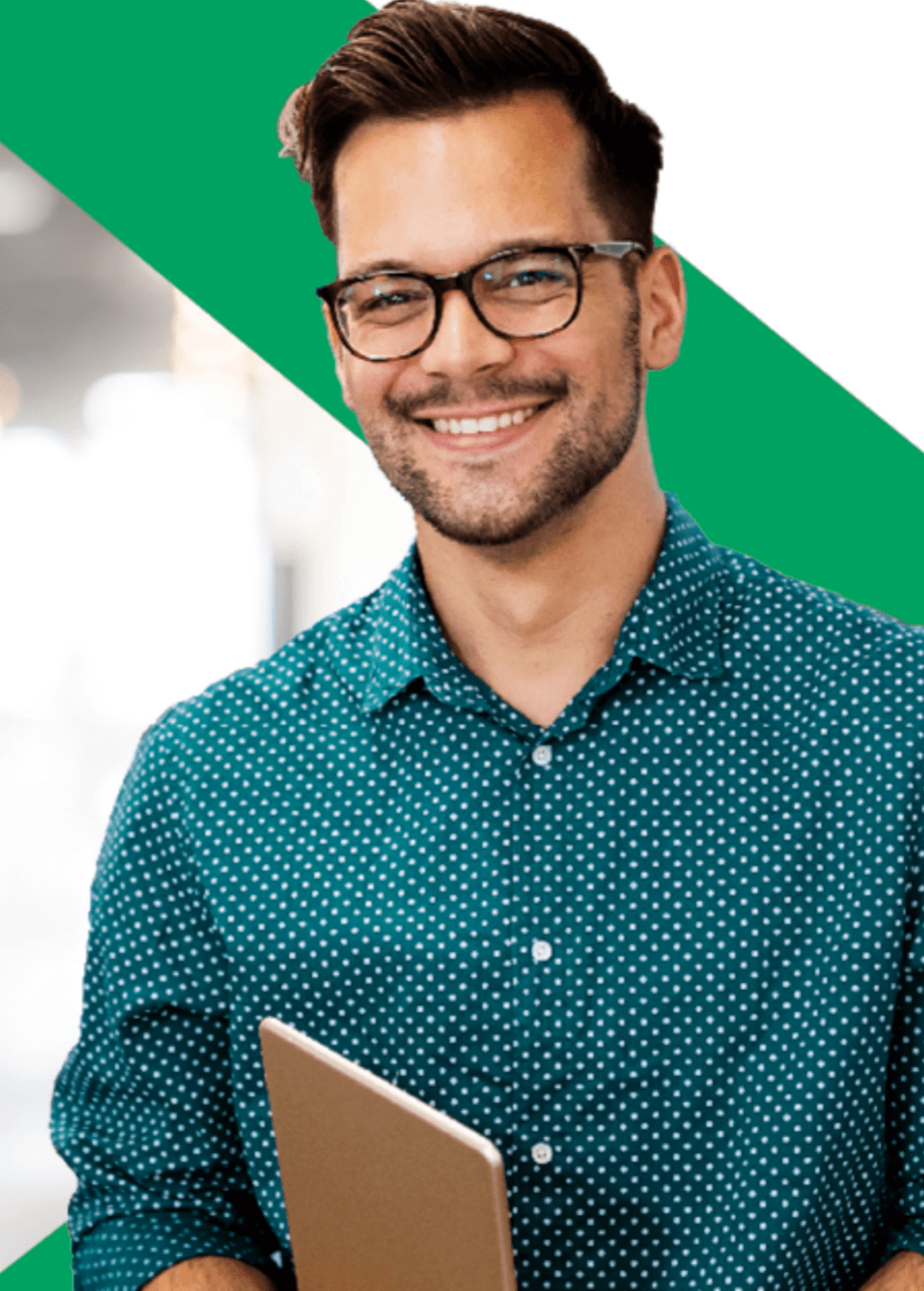 finxl male recruiter smiling at camera holding a notebook